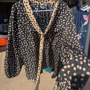 Mud Pie Black and Beige Polka Dot Top with Tie Neck